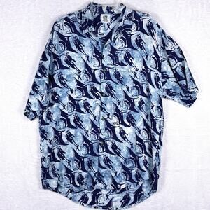 VTG Rum Reggae Hawaiian Camp Shirt Men L Blue Rayon Manta Ray AOP Aloha Beach